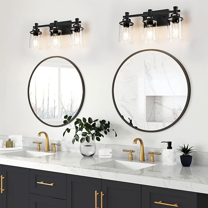 3 Light Bathroom Light Fixtures, Modern Black Vanity Lights Over Mirror, Wall Sconce with Clear Glass Shade and Metal Base, Vanity Lights for Bathroom, Wall Lamp for Mirror Bedroom Hallway