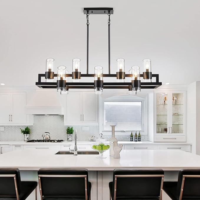 WUZUPS Island Rectangle Chandelier 10-Light with Clear Glass Industrial Modern Farmhouse Linear Light Fixture for Dining Room Kithen Island, Width 42.5" Height 10.4", Black
