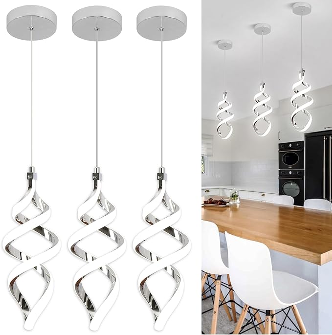 EIDISUNY 3 Packs Pendant Light, 15W Spiral Led Pendant Light, 4500K Modern Pendant Lights Kitchen Island, Adjustable Height Pendant Light for Dining Room Bedroom Kitchen Island Cafe