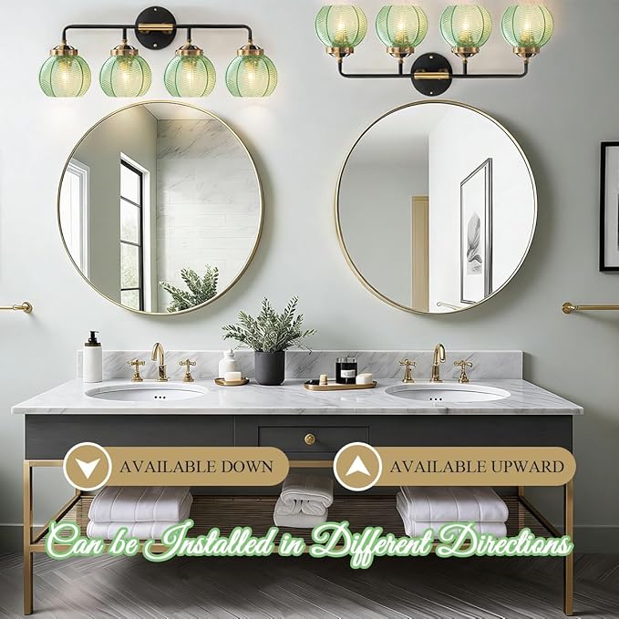 Modern Vanity Light Bathroom 4-Light Fixtures Vintage Wall Lamp Emerald Green Glass Globe Shade Over Mirror Vanity Wall Lights Indoor Deco Lighting Fixture for Mirror Kitchen Cabinet