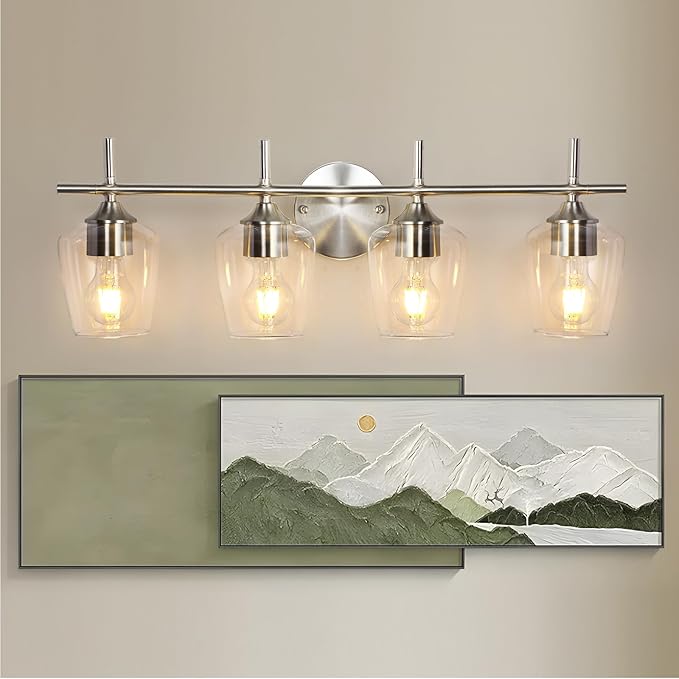 Bathroom Light Fixtures 4-Light Brushed Nickel Bathroom Vanity Light with Clear Glass Shade, Modern Wall Lights for Bedroom Hallway Living Room (Nickel, 4-Light)