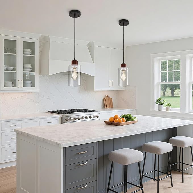 Modern Wood Pendant Lighting for Kitchen Island, Farmhouse Pendant Light Fixtures 2 Pack, Adjustable Hanging Ceiling Light with Clear Glass Shade