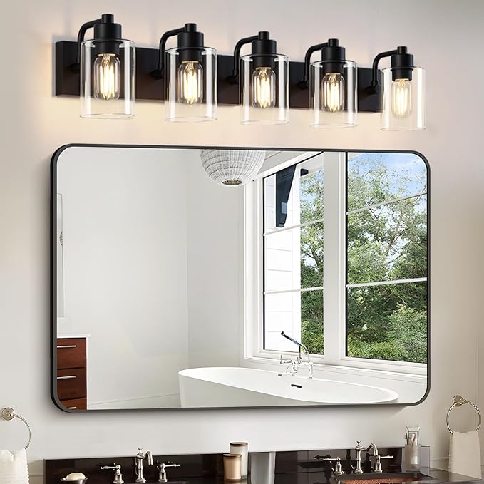 Dpyrrhic Matte Black Bathroom Light Fixtures,5-Light Bathroom Lights Over Mirror with Clear Glass Shade,Wall Sconces for Bathroom, Bedroom, Hallway