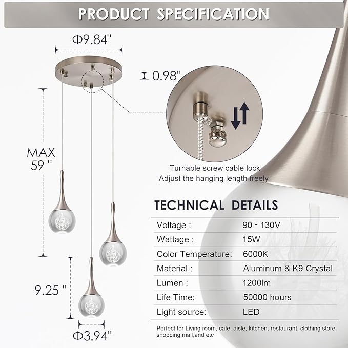 3-Light Nickel Teardrop Pendant Lighting, 15W Modern Dimmable LED Crystal Chandelier Cluster Pendant Light for Kitchen Island Dining Room Hallway Bathroom 6000K Cold White