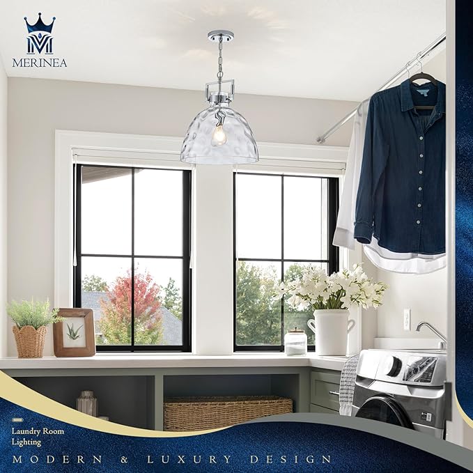 Glass Pendant Light, 13.8 Inch Single Hanging Ceiling Light with Adjustable Chain, E26 Base Oversized Hammered Clear Glass Kitchen Island Pendant Lighting in Polished Chrome for Dining Room, Entryway