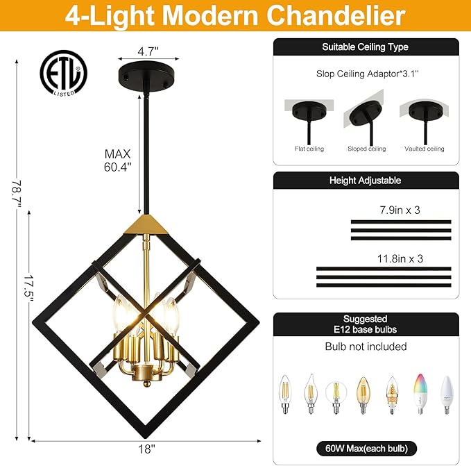 18" Modern Pendant Lights Kitchen Island, 4-Light Black and Gold Pendant Light Fixtures, Farmhouse Chandelier Kitchen Island Lighting, Industrial Hanging Pendant Lights for Kitchen Island Entryway