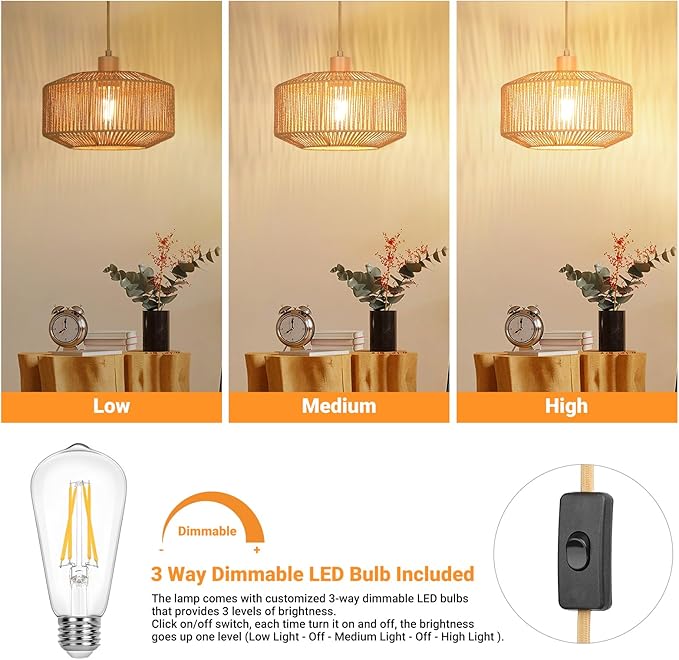 Qingmiao Boho Plug in Pendant Light, Rattan Hanging Lamp Plug in with Woven Shade, 3-Way Dimmable Hanging Light Fixture for Living Room Bedroom Kitchen Ceiling Farmhouse Home Decor