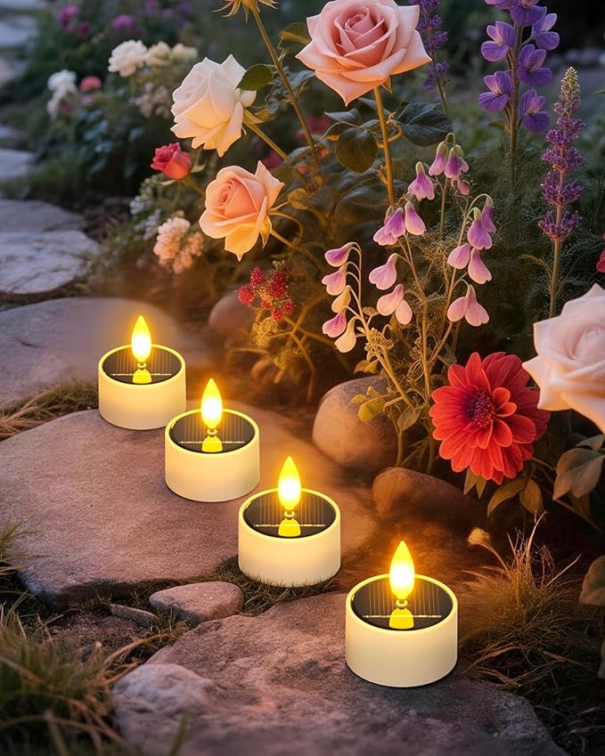 Yme Solar Tea Lights Outdoor Waterproof, 12 Pack Flickering Flameless Solar Candles with Dusk to Dawn Sensor, Rechargeable LED Votive Tealights for Lanterns Garden Patio Wedding Party Decor