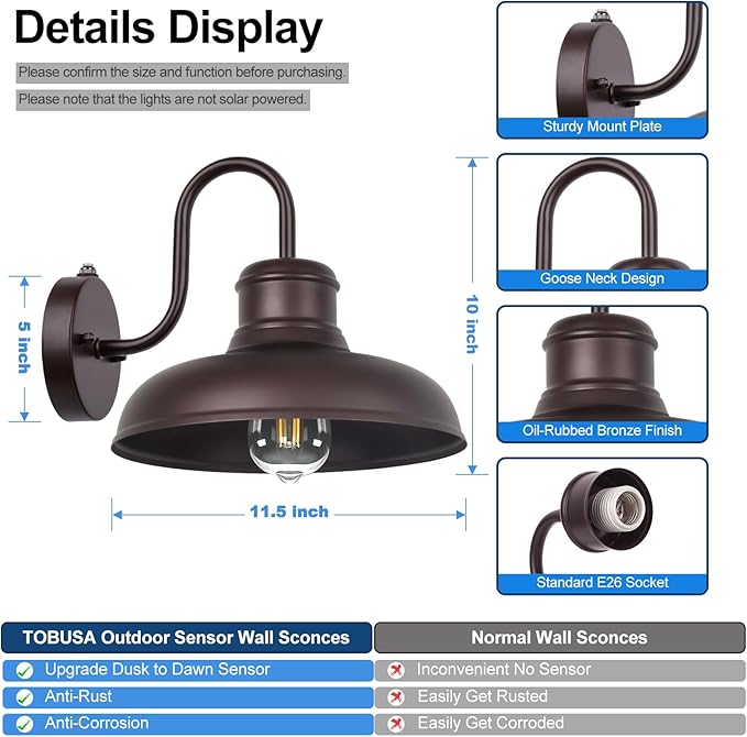 TOBUSA 2-Pack Dusk to Dawn Outdoor Wall Lights, Waterproof Farmhouse Gooseneck Barn Lights, 11.5'' Oil-Rubbed Brown Outside Wall Sconces for House, Porch, Garage