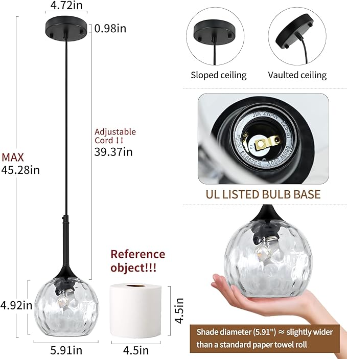 JHLBYL Glass Pendant Lights Kitchen Island: 5.91'' 2-Pack 1-Light Hammered Glass Pendant Light with Black Finish - Modern Minimalist Hanging Light Fixture for Kitchen Sink Dining Room - E26 Base
