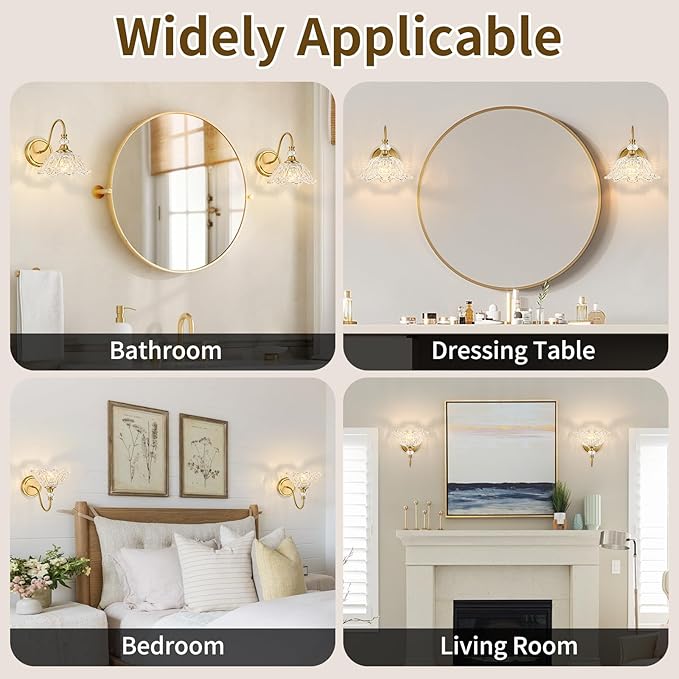 1 Piece Gold Wall Sconce with Floral Clear Glass Shade, Brushed Gold Finish Wall Mount Lighting for Bathroom,Vintage Bathroom Vanity Light Fixtures