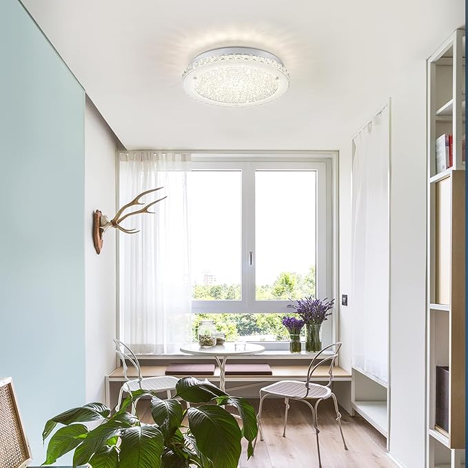 Crystal Ceiling Light Fixture LED Crystal Flush Mount Ceiling Light 4000K Dimmable Semi Flush Mount for Hallway Bedroom Laundry Bathroom Round 24W 2640LM 14"