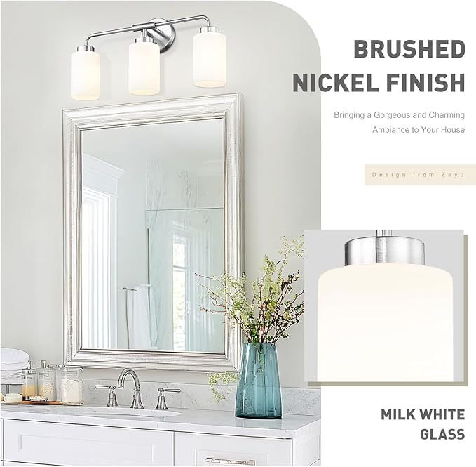 zeyu 21.6 Inch Bathroom Lights Fixtures Over Mirror, Modern Bathroom Wall Light with Milky White Glass Shade, Brushed Nickel Finish, ZS62B-3W BN