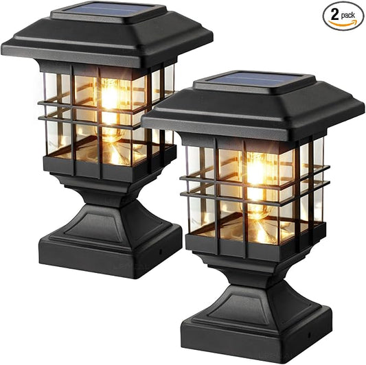 Solar Post Lights Outdoor Solar Cap Lights Deck Fence Cap for 4x4 5x5 6x6 Posts Patio Garden Courtyard Decoration Fixture Waterproof Warm White Lighting Black (2)