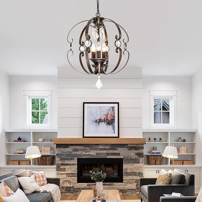 Farmhouse Crystal Chandeliers for Dining Room Light Fixture, 3-Light 18 Inch Candle Bronze Crystal Chandelier for Kitchen Island, Living Room, Foyer, Staircase, Villa