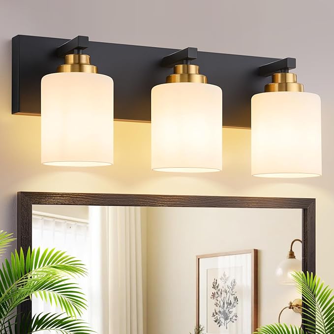 Vanity Lights for Bathroom, 3-Light Black and Gold Bathroom Vanity Light Over Mirror with Milky White Glass Shades, Modern Bathroom Light Fixtures for Living Room Hallway Cabinet (Bulbs Not Included)