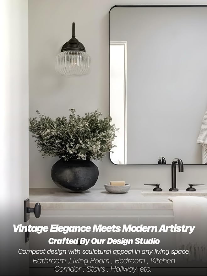 Vintage Wall Sconce Light, Black Bathroom Vanity Light with Hand-Blowing Clear Glass Farmhouse Hardwire Wall Mounted Lamp for Bathroom Mirror Living Room Bedroom Kitchen E26 Indoor