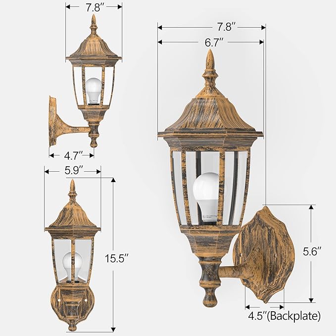 EMART Outdoor Porch Light, Brushed Gold, Anti-Corrosion Plastic Material, Wall Mount Lantern for Backyard, Garage, Front Porch - 2 Pack