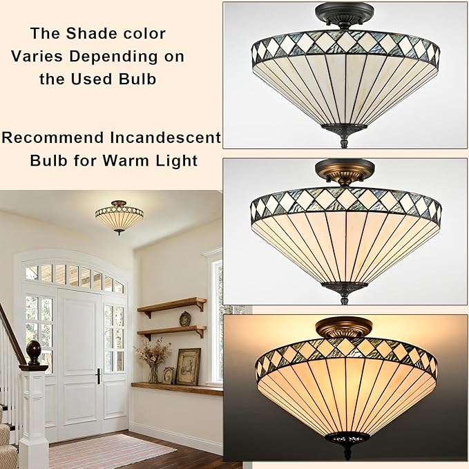 DEYNITE Tiffany Style Ceiling Light Stained Glass Shade, 3-Light Black Semi-Flush Light Fixture 16 Inches for Bedroom Hallway Dining-Dimmable, E26 Base