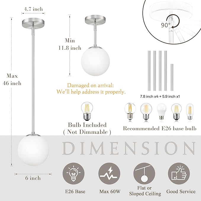 Bagood 6 Inch Globe Pendant Light Nickel Globe Pendant Lights Kitchen Island Mid Century Light Fixture with Milky White Glass Contemporary Adjustable Hanging Lights for Dining Room (Bulb Included)