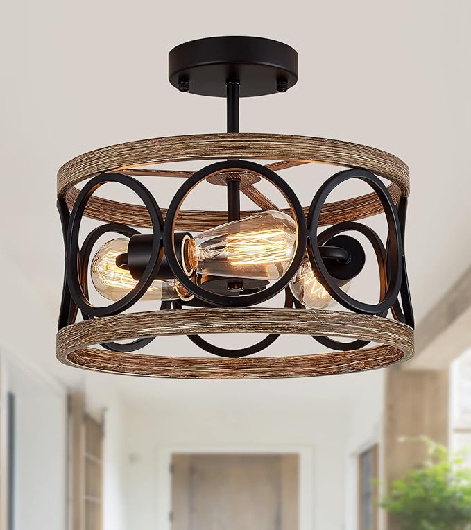 Semi Flush Mount Modern Farmhouse Ceiling Light Fixtures,3-Lights Black and Retro Wood Finish,Drum Shade Rustic Light Fixtures for Entryway Hallway Foyer Kitchen Dining Room Bedroom
