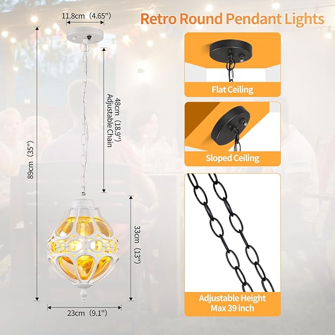 Dusk to Dawn Globe Outdoor Pendant Lights,Vintage Exterior Hanging Pendant Light Fixtures with Adjustable Chain, Aluminum White Outdoor Chandelier for Porch, Gazebo,with Sensor,Large