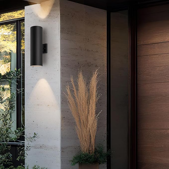 mirrea 18" Modern Outdoor Porch Light Patio Light in 2 Lights with Aluminum Cylinder and Tempered Glass Cover Waterproof Wall Sconce 2 Pack (Matte Black)
