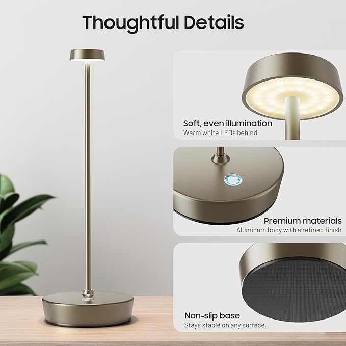 2Pack Cordless LED Table Lamp，Rechargeable Battery Desk Lamps, 3 Color Stepless Dimmable Metal Battery Table Lamps, Portable Table Light for Indoor/Outdoor/Restaurants/Bedroom/Bar