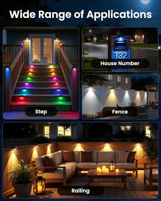 JOFIOS Solar Deck Lights Outdoor 8 Pack, Solar Fence Lights Waterproof IP44, 9 Fixed Colors ＆ Color Changing LED Step Light for Outside, Patio, Stair, Garden, Yard, Railing, Front Porch, Balcony Decor
