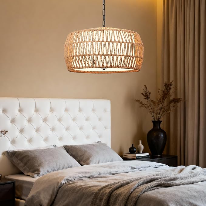 5-Light Farmhouse Rattan Chandelier with Fabric Shade, 18" Boho Woven Wicker Pendant Light for Living Room, Dining Room & Bedroom, Hand Woven Wicker Fixture (No Bulbs)