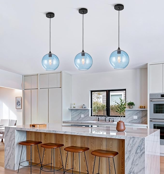 Blue Glass Pendant Lights Kitchen Island Lighting Modern Globe Pendant Light Fixtures Modern Pendant Lights for Kitchen Island Bedroom Living Dining Room Light Fixture-9.8inch