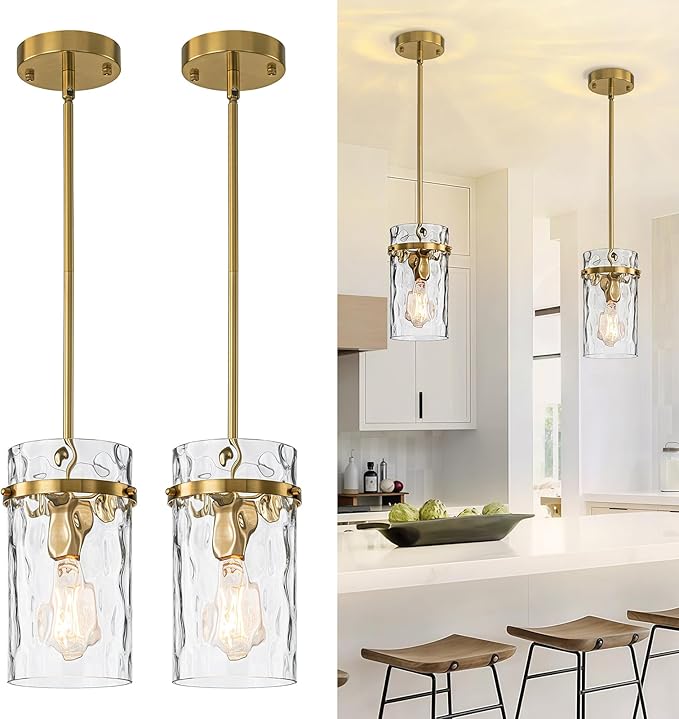 2 Pack 5.5" Brass Hammered Glass Pendant Light, Brushed Gold Island Pendant Lights Adjustable Mdern Pendant Light Fixtures Dining Room Farmhouse Chandelier Pendant Kitchen Lighting