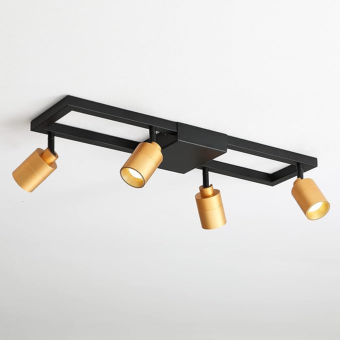 Shura - Square 4-Light Black and Brass Integrated LED Ceiling Light w/Rotatable Heads, Adjustable Flush Mount Ceiling Light, 3000K, 1820 Lumens