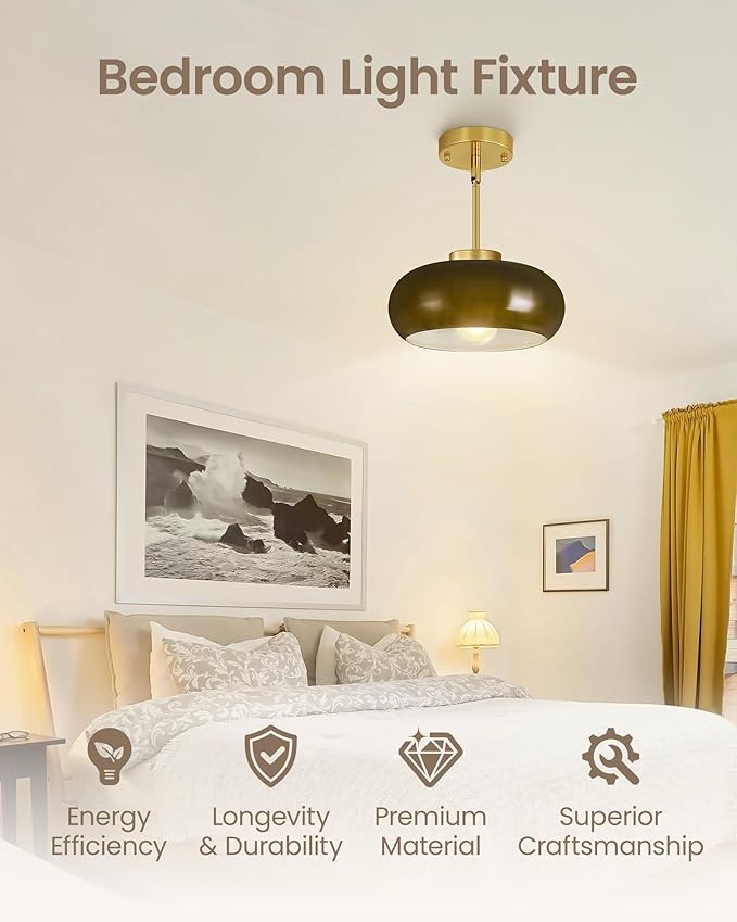 Yunnix Semi Flush Mount Ceiling Light, Gold Light Fixture, Mid-Century Modern Farmhouse Green Glass Small Light Fixtures for Hallway, Bathroom, Kitchen, Bedroom, Living Room, Closet, Laundry