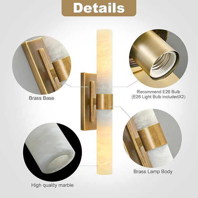 23" Antique Brass Wall Sconce with Bronze-Colored Marble - Rust-Resistant Vintage Mirror Lighting for Bathroom & Vanity (Wall Mount)