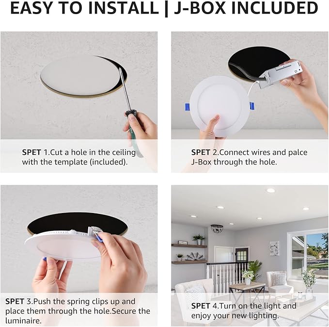 Lepro 6 Pack 6 Inch LED Recessed Ceiling Light with Junction Box, 5000 Kelvin Daylight Wafer Ultra-Thin, 1050 Lumen Dimmable Retrofit Downlight, 12 watt Eqv. 100 watt, ETL, Energy Star & FCC Certified