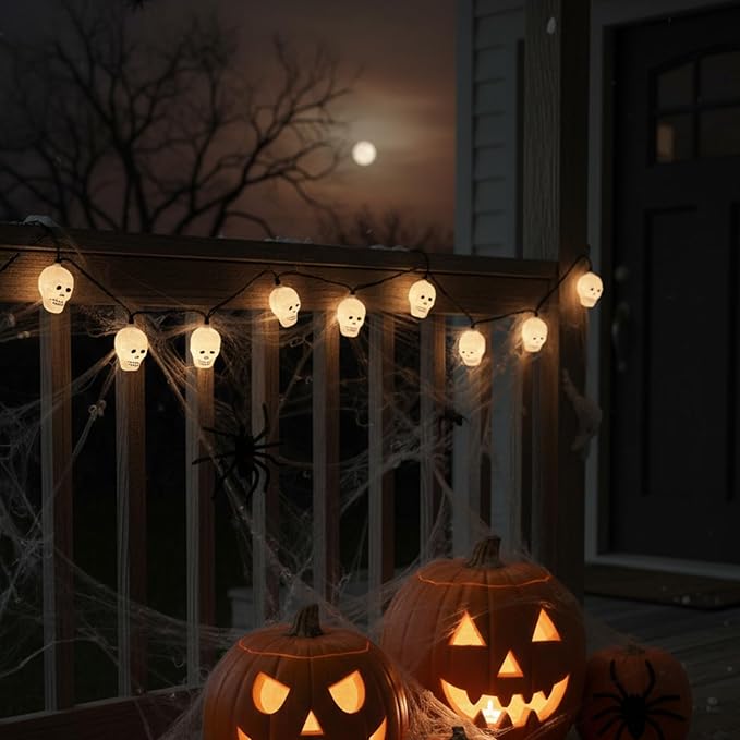 Halloween Skull String Lights - 8.5Ft Skeleton Decoration Halloween String Lights with 10 LED Mini Bulbs, Waterproof Skeleton Shape Lights for Indoor Outdoor Halloween Party Decor, Black Wire
