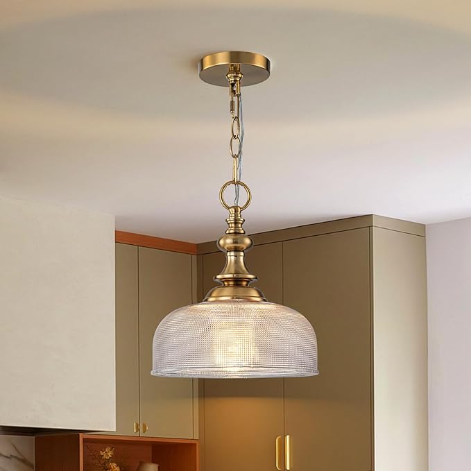 EDSILIVE Vintage Glass Pendant Lights Kitchen Island 10" Bowl Clear Glid Glass Hanging Ceiling Light Fixture with Brass Gold Finish for Dining Room Kitchen Table