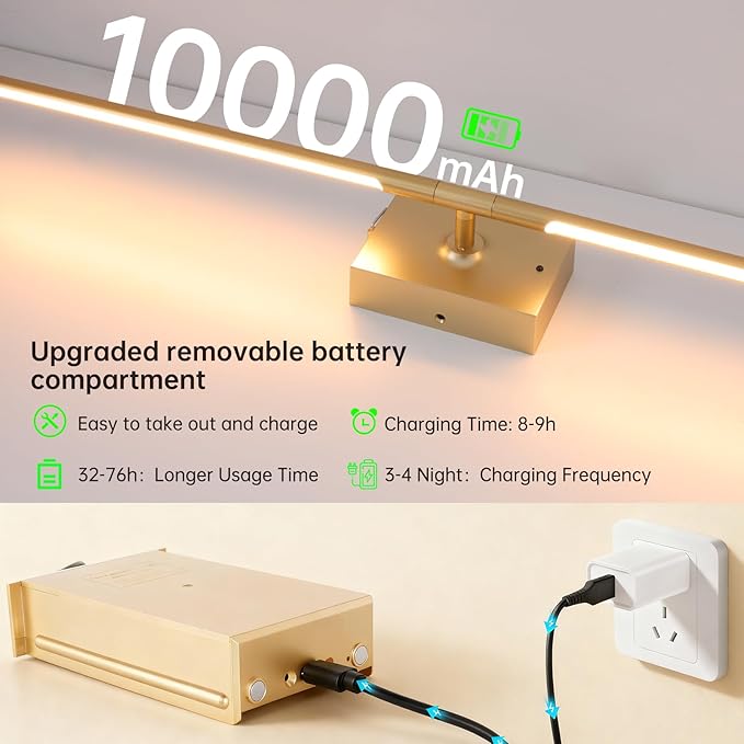 Shenmoyl Battery Operated Wall Sconce Set of 2, 10000mAh Rechargeable Wall Sconces with Detachable Battery, Indoor 350°Rotate Wall Lights for Bedroom Living Room, Gold, 31.5 Inch