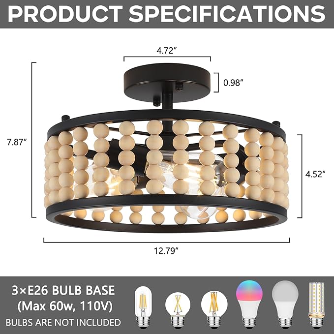 Luupyia Wood Bead Ceiling Light 3Lights, 12.79Inches Vintage Boho Ceiling Light Fixture Small Chandeliers Semi Flush Mount Mid Century Retro Overhead Lighting for Bedroom Foyer Hallway, E26