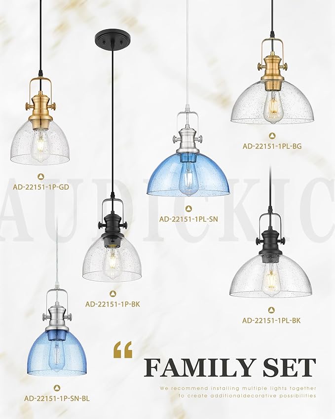 2-Pack Black Pendant Lights Kitchen Island, 10.5" Farmhouse Pendant Lighting with Clear Seeded Glass Shade, Vintage Hanging Light Fixtures for Dining Room, AD-22151-1P2L-BK
