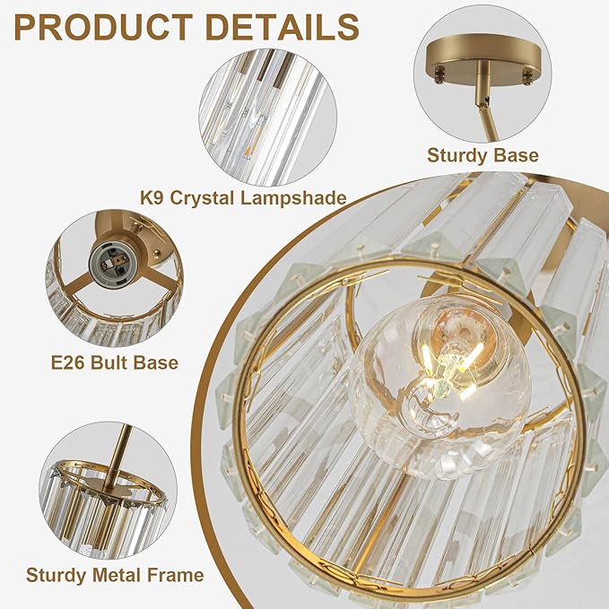 Gold Modern Crystal Pendant Lights Hanging Light Fixture, 2 Pack Pendant Lights Kitchen Island Adjustable Mini Pendant Lighting Fixtures for Kitchen Island Dining Room Hallway Bedroom