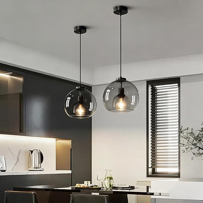 9.1in Large Smoke Glass Pendant Light for Kitchen Island, 2-Pack with Extra LED Bulbs & 4.92ft Adjustable Cord | Modern Minimalist Lighting for Dining Room, Living Room, Entryway