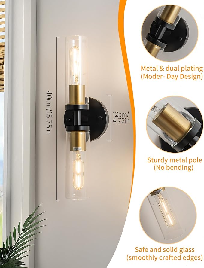 KSRYSZCQ Wall Sconces Set of Two Black and Gold Bathroom Wall Sconce with Clear Glass 15.75" Modern Wall Sconces for Bathroom Living Room Hallway Bedroom Kitchen