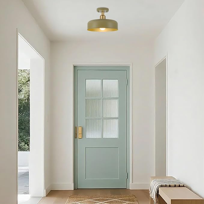 BISAMIYA Modern Semi Flush Mount Ceiling Light Fixture, 12.6" Metal Shade and Brass Accent Ceiling Light, for Entryway, Hallway, Dining Room, Storage Room, Cafe