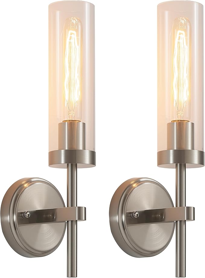 Wall Sconces Set of Two,Brushed Nickel Bathroom Sconces Wall Lighting with Clear Glass, Modern Sconces Wall Decor Set of 2 Wall Light fixtures for Bathroom Mirror Living Room Hallway Bedroom Wall Lamp