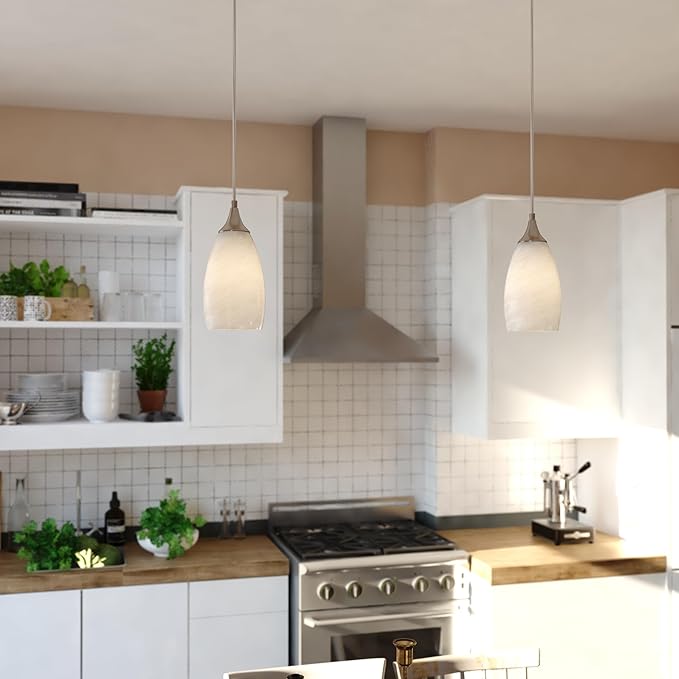 VAXCEL Milano 1-Light 4.75 in. Wide Satin Nickel Bell Mini Pendant with White Alabaster Glass Shade, Adjustable Height Hanging Ceiling Fixture for Dining Room, Kitchen Table, Entryway, Bar, Island