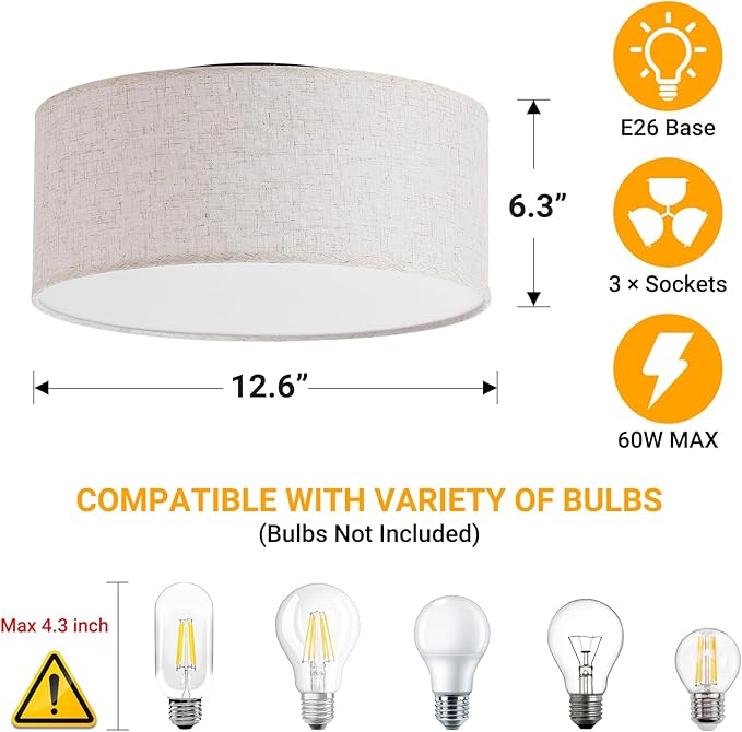 12.6" Modern Close to Ceiling Light with Linen Fabric Drum Shade,3-Light Semi Flush Mount Ceiling Light Fixture,Drum Light Fixtures Ceiling Mount for Kitchen, Bedroom, Bathroom, Living Room, Hallway
