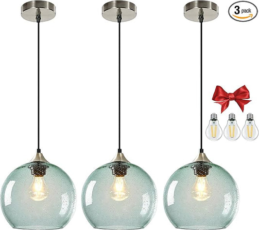 9.1in Large Light Green Glass Pendant Light for Kitchen Island, 3-Pack with Extra LED Bulbs & 4.92ft Adjustable Cord | Modern Minimalist Lighting for Dining Room, Living Room, Entryway