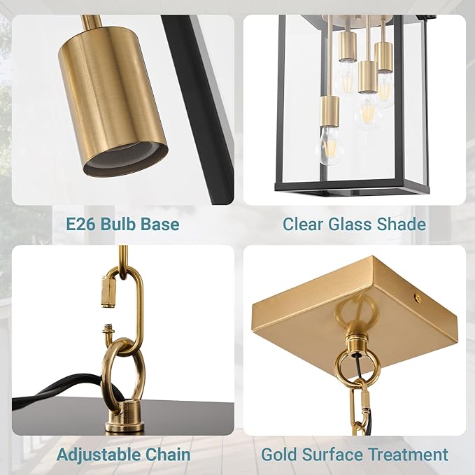 LOUSACE 16.7'' Outdoor Pendant Light for Porch, 4-Light Large Exterior Pendant Porch Lights with Clear Glass, Black & Brushed Brass Outdoor Chandelier Exterior Haninging Light Fixtures for Entrance